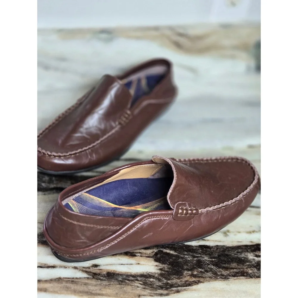 Mens Brown Leather Driving Loafers Slip On Moc Toe‎ Size 10 M Minimalist Preppy